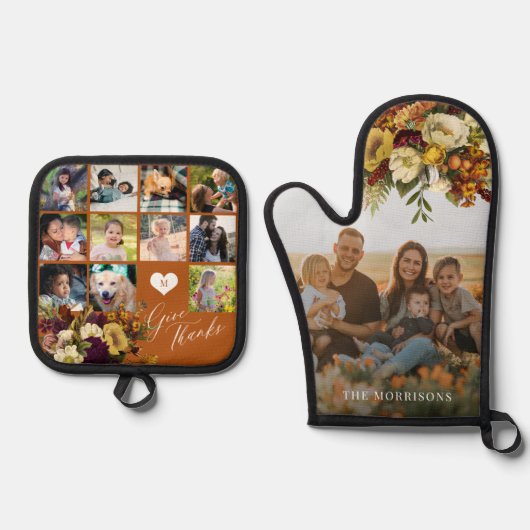 与え感謝してい秋フローラ数々のコラージファミリー 鍋つかみ&鍋敷きセット (正面)