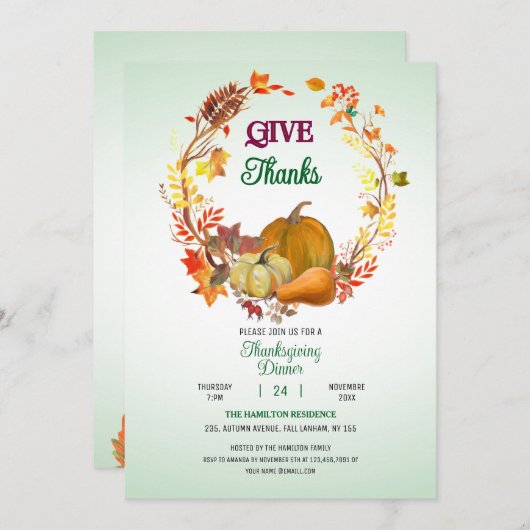 与え感謝してい紅葉リース感謝祭ディナー 招待状 (正面/裏面)