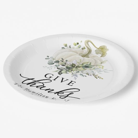 与え感謝していGREENERY WHITE PUMPKIN THANKSGIVING ペーパープレート (アングル)