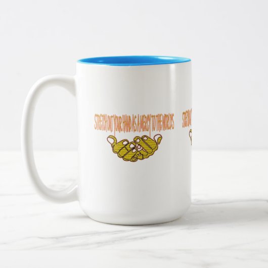 世の中に慈悲の手を差し出せ ツートーンマグカップ (左)