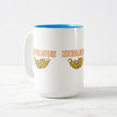 世の中に慈悲の手を差し出せ ツートーンマグカップ (正面左)