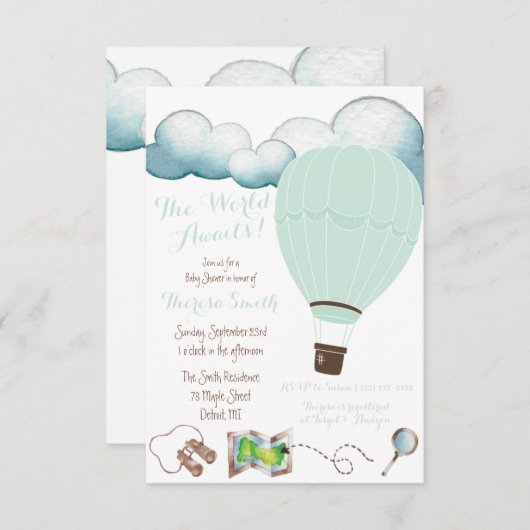 世界が待っている！ミントホットエアバルーン赤ちゃんシャワー 招待状 (正面/裏面)