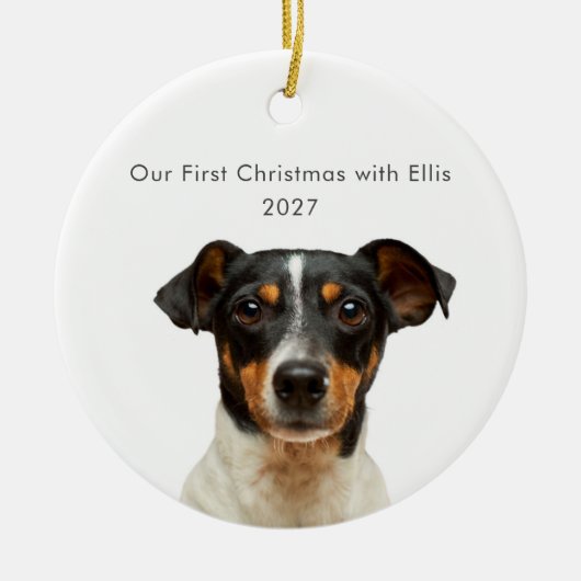 世界でひとつのペットの犬の写真 名前 初めてのクリスマス セラミックオーナメント (正面)