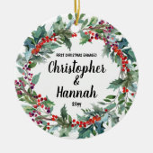 世界でひとつの最初のクリスマス　婚約カップルへのギフト セラミックオーナメント (正面)