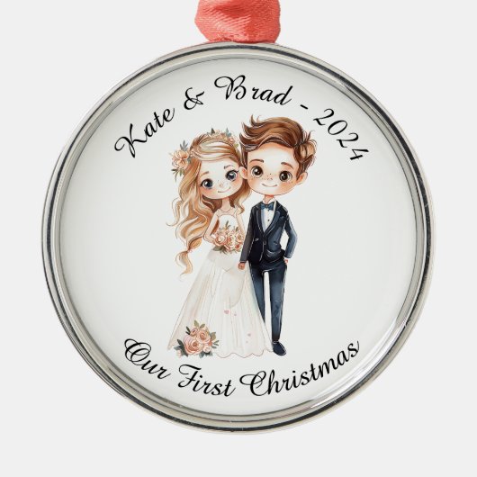 世界でひとつの結婚カップル 最初のクリスマス メタルオーナメント (正面)