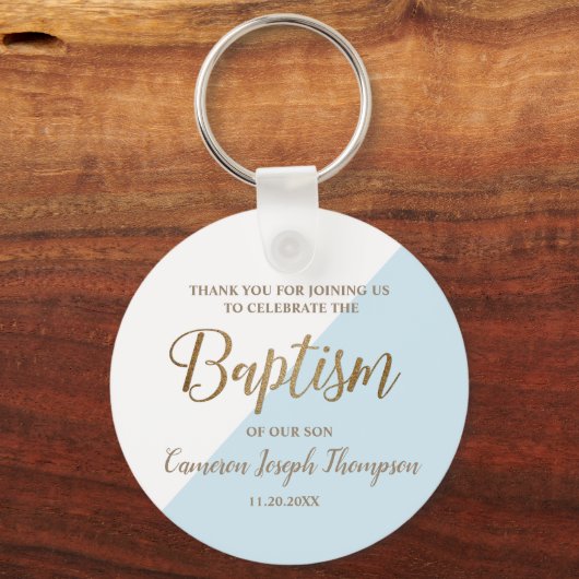 世界で一つだけの青いベビーボーイの洗礼にお礼 キーホルダー (正面)