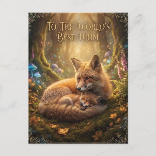 "世界で一番のママへ" ファンタジーな母狐と子狐 ポストカード (正面)