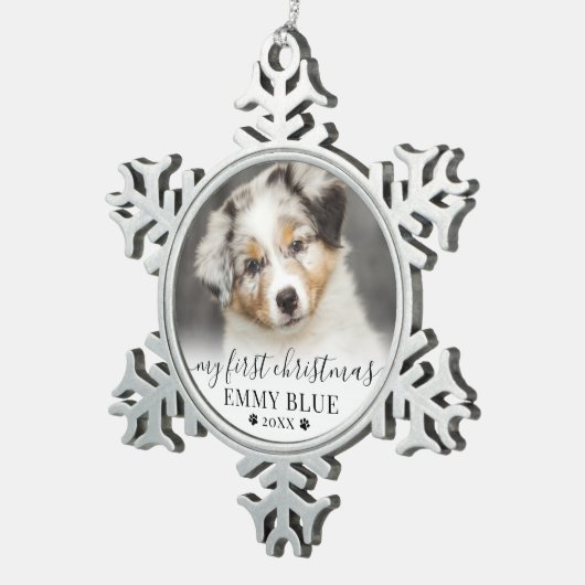 世界で初めてのペットのクリスマス　愛犬の写真 スノーフレークピューターオーナメント (右)