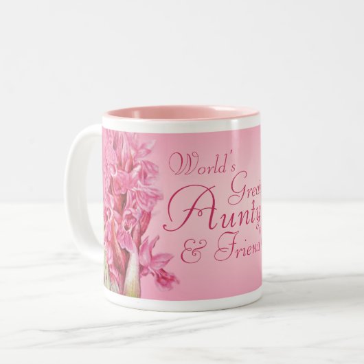 世界で最も偉大な叔母と友人のピンクのオーキッドマグカップ ツートーンマグカップ (正面左)