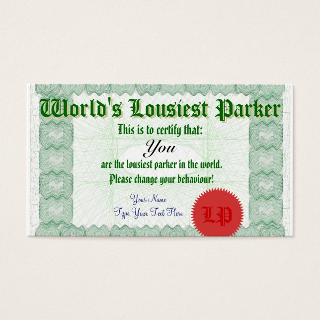 世界で最も大きいパーカーの悪い駐車証明書 (正面)