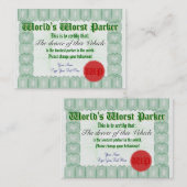世界で最も悪いParkerの悪い駐車賞の証明書 名刺 (正面/裏面)