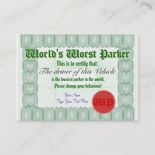 世界で最も悪いParkerの悪い駐車賞の証明書 名刺 (正面)