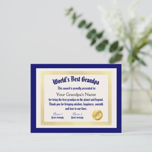 世界で最も面白い最高のじいちゃん証明書 ポストカード (スタンド正面)