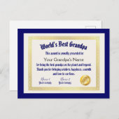 世界で最も面白い最高のじいちゃん証明書 ポストカード (正面/裏面)