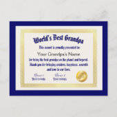 世界で最も面白い最高のじいちゃん証明書 ポストカード (正面)