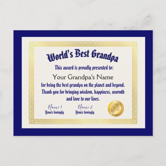 世界で最も面白い最高のじいちゃん証明書 ポストカード (正面)