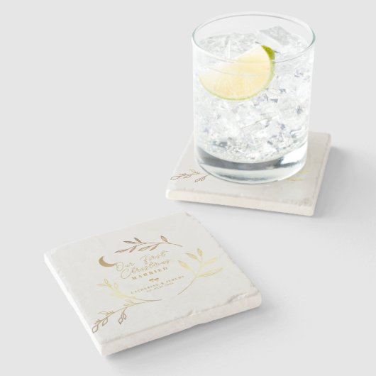 世界で最初のクリスマス 結婚記念 ギフト ゴールドスクリプト ギフト ストーンコースター (横)