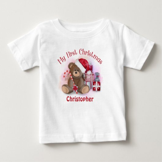 世界にひとつだけの赤ちゃんの初めてのクリスマス テディベア ベビーTシャツ (正面)