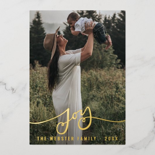 世界に一つだけのホイル加工「ジョイ」家族のクリスマス写真カード 箔シーズンカード (正面)