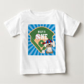 世界に一つだけの可愛い野球の子犬の1歳誕生日 ベビーTシャツ (正面)