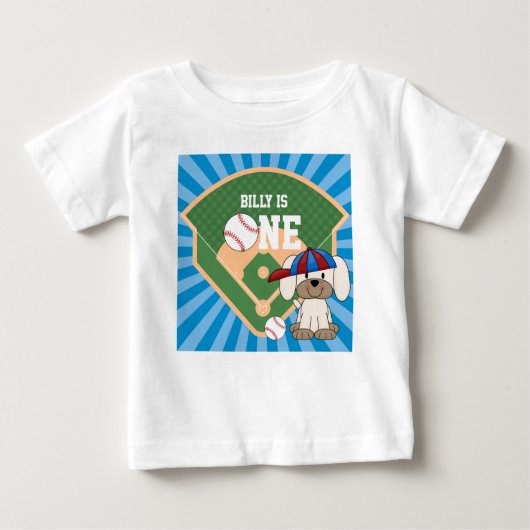 世界に一つだけの可愛い野球の子犬の1歳誕生日 ベビーTシャツ (正面)