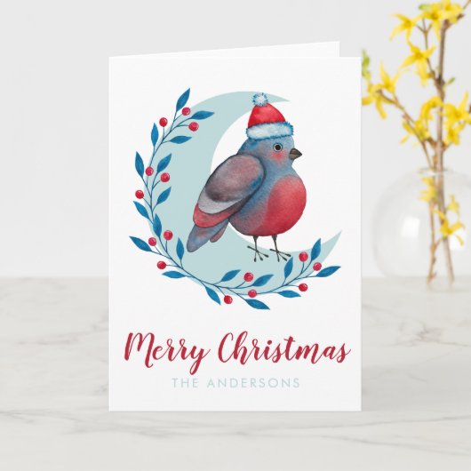 世界に一つだけの水彩画のクリスマス 月上の鳥 カード (黄色い花)