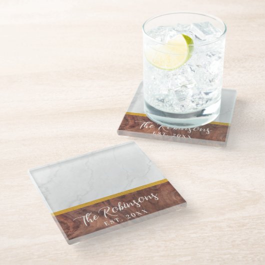 世界に一つだけの特別な四角い大理石の木製 姓 エスト 日付 ガラスコースター (アングル)