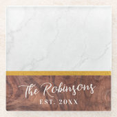 世界に一つだけの特別な四角い大理石の木製 姓 エスト 日付 ガラスコースター (正面)