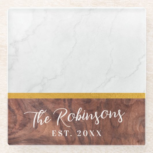 世界に一つだけの特別な四角い大理石の木製 姓 エスト 日付 ガラスコースター (正面)