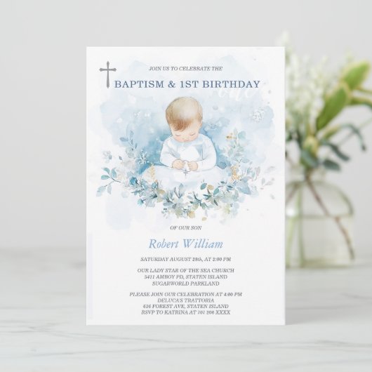 世界に一つだけの特別な男の子の1歳の誕生日と洗礼 招待状 (スタンド正面)