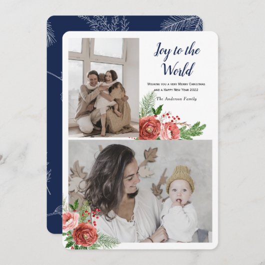 世界に喜びを ホリデーシーズンの写真付きグリーティング シーズンカード (正面/裏面)