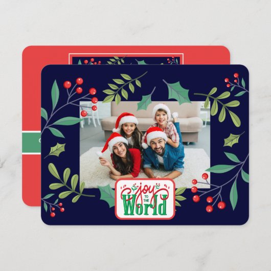 世界に喜びを ホリーベリー(あなたの写真を追加してください) シーズンカード (正面/裏面)