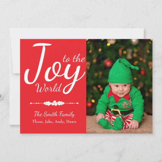 世界に喜びを 赤いクリスマス写真カード シーズンカード (正面)