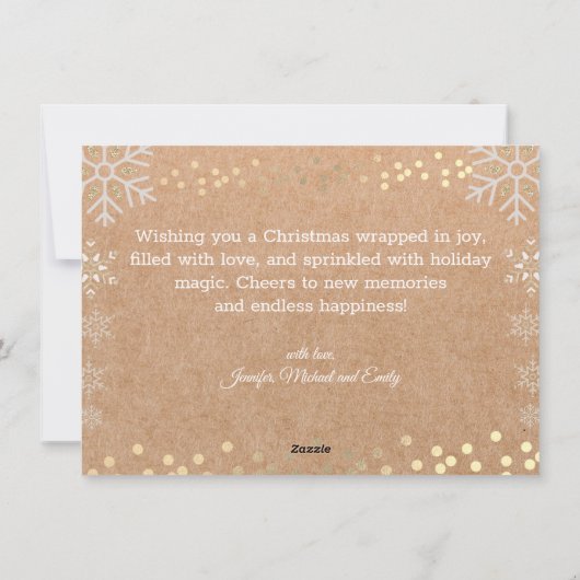 世界に喜びを、雪の結晶が輝くクラフト写真 シーズンカード (裏面)