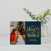世界に喜びを 青金 スクリプト フォト モダン 箔シーズンポストカード (立ち正面)