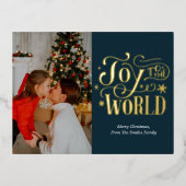 世界に喜びを 青金 スクリプト フォト モダン 箔シーズンポストカード (正面)