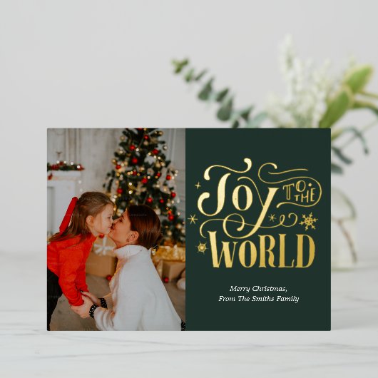 世界に喜ぶ緑の金ゴールド書道写真 箔シーズンカード (立ち正面)