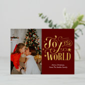 世界に喜ぶ赤い金ゴールド書道写真モダン 箔シーズンカード (立ち正面)