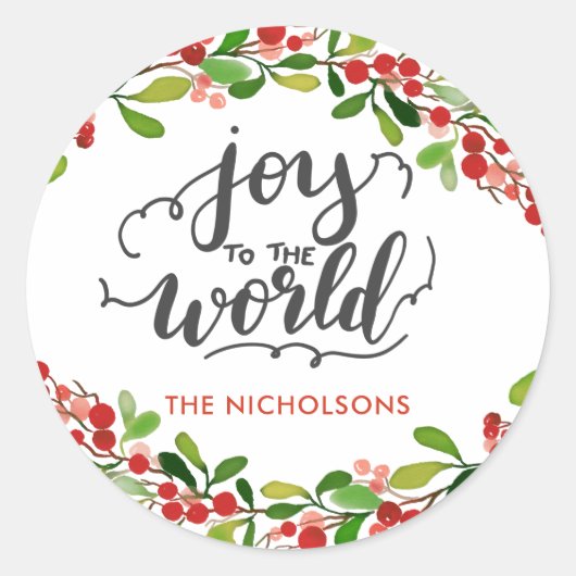 世界に対する喜び |手書きの休日リース ラウンドシール (正面)
