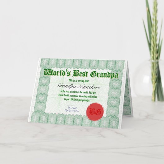 世界のおじいちゃん最高の認定取得証を作る カード (正面)
