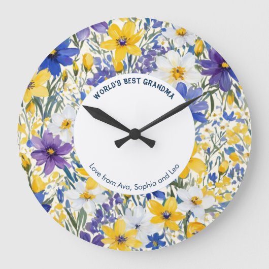 世界のおばあちゃん最高ののフローラかわいらしパーソナライズされた ラージ壁時計 (正面)
