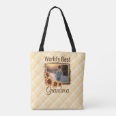 世界のおばあちゃん最高のひまわりと格子柄トートバッグ トートバッグ (裏面)