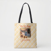 世界のおばあちゃん最高のひまわりと格子柄トートバッグ トートバッグ (正面)