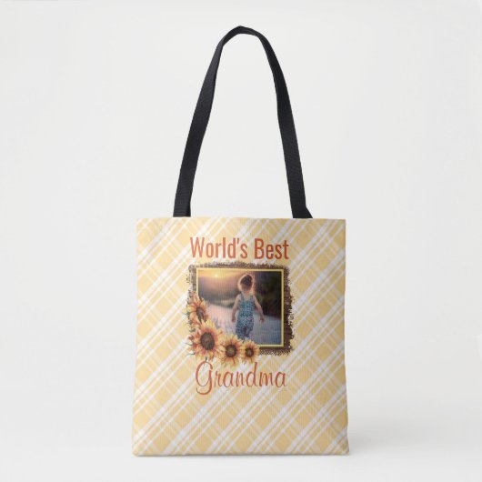世界のおばあちゃん最高のひまわりと格子柄トートバッグ トートバッグ (正面)