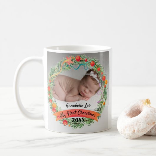 世界のおばあちゃん最高の1stクリスマスフォトリース コーヒーマグカップ (ドーナツ)