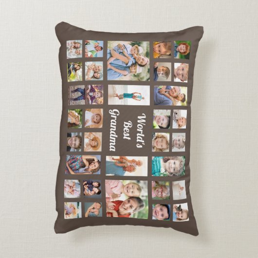 世界のおばあちゃん最高の32家族フォトコラージュブラウン アクセントクッション (裏面(縦))
