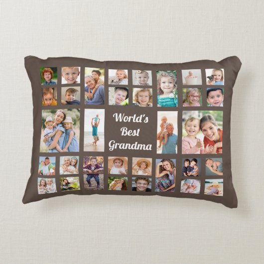 世界のおばあちゃん最高の32家族フォトコラージュブラウン アクセントクッション (裏面)