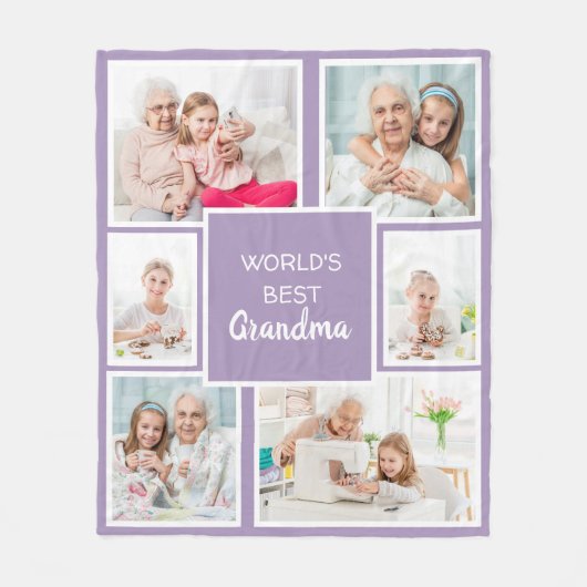 世界のおばあちゃん最高の6フォトコラージパープル フリースブランケット (正面)