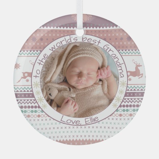 世界のおばあ最高のちゃん北欧トナカイベビー写真 ガラスオーナメント (正面)