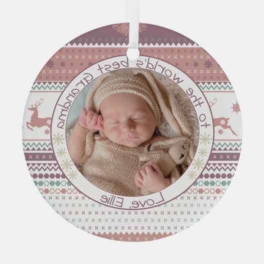 世界のおばあ最高のちゃん北欧トナカイベビー写真 ガラスオーナメント (裏面)